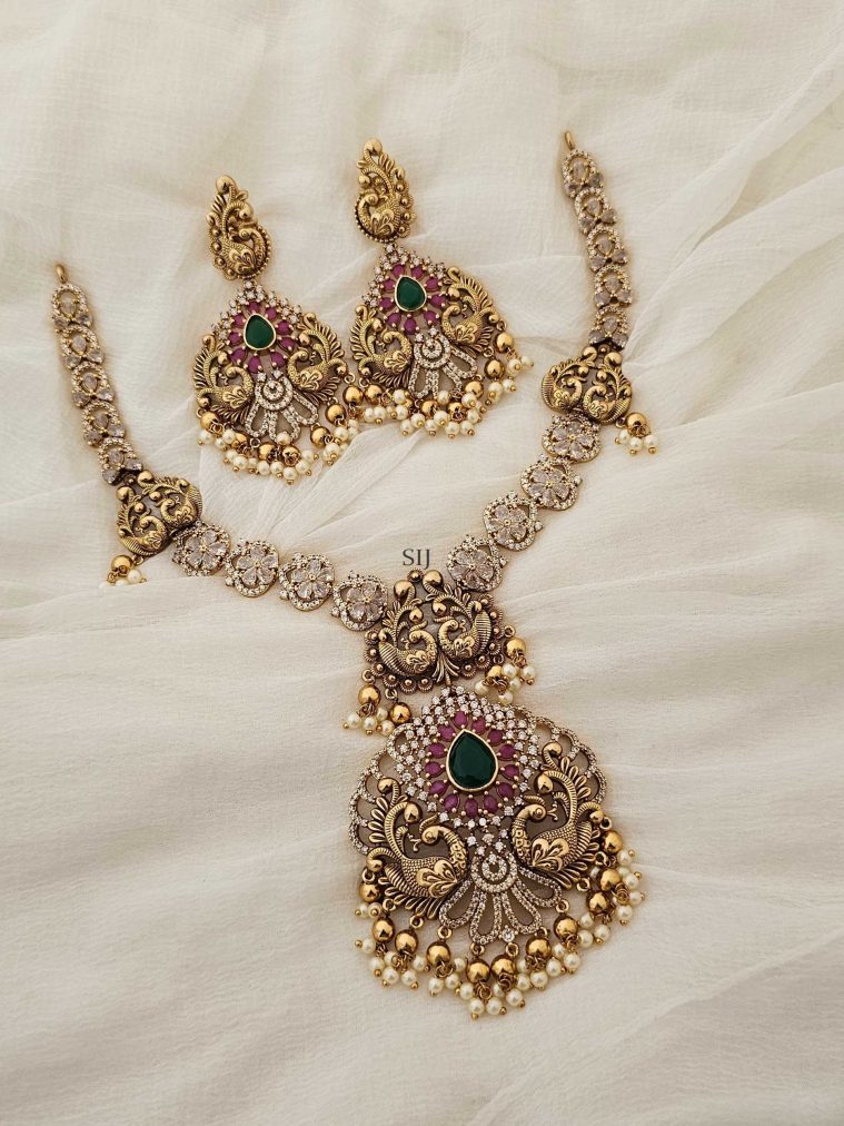 Traditional CZ Stones Necklace with Dual Peacock Pendant
