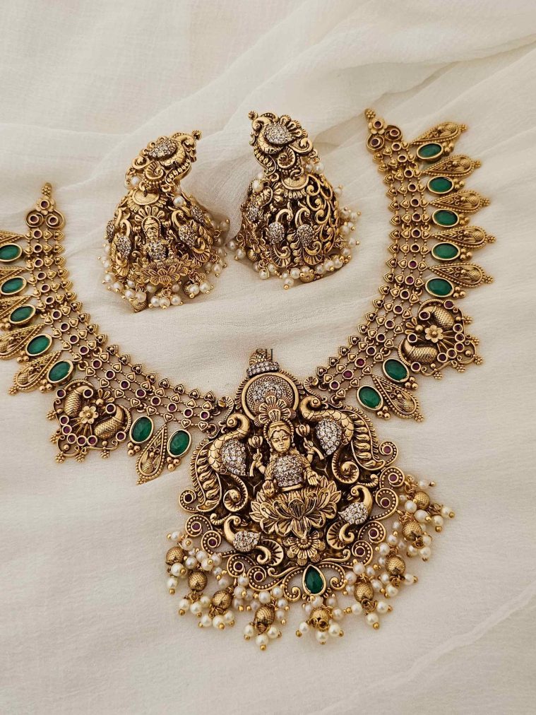 Gold Plated Dual Peacock Necklace with Lakshmi Pendant