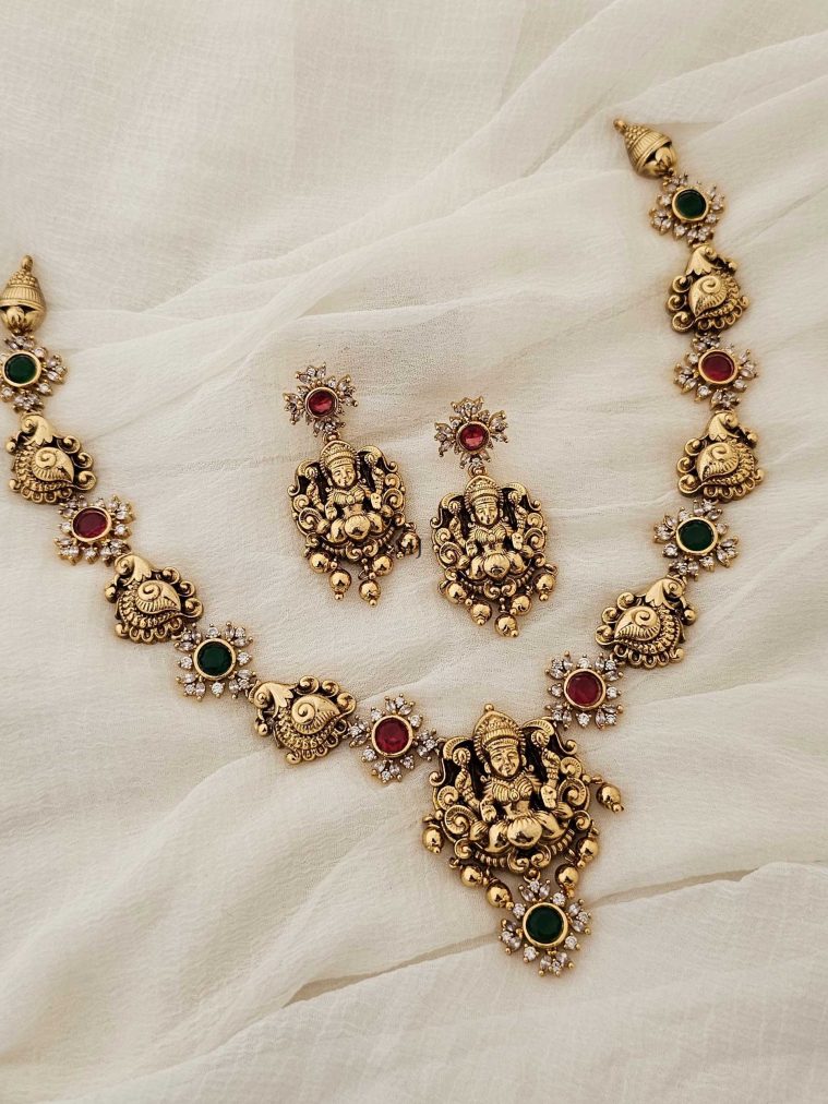 One Gram Gold Nakshi Peacock Necklace with Lakshmi Pendant