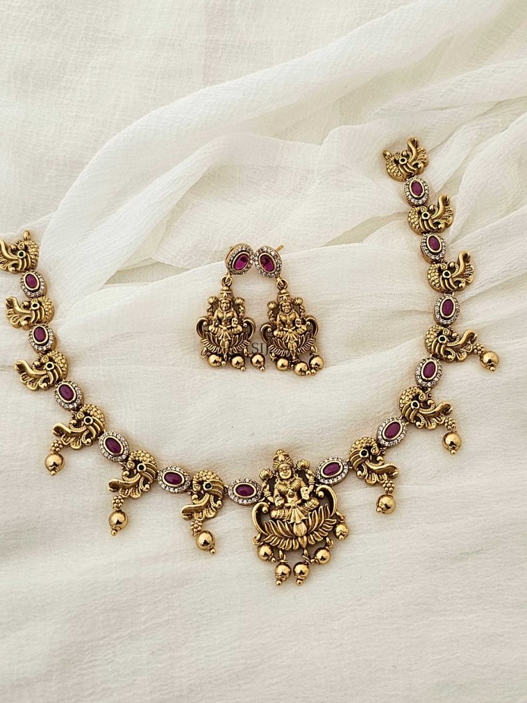 Traditional Peacock Necklace with Lakshmi Devi Pendant
