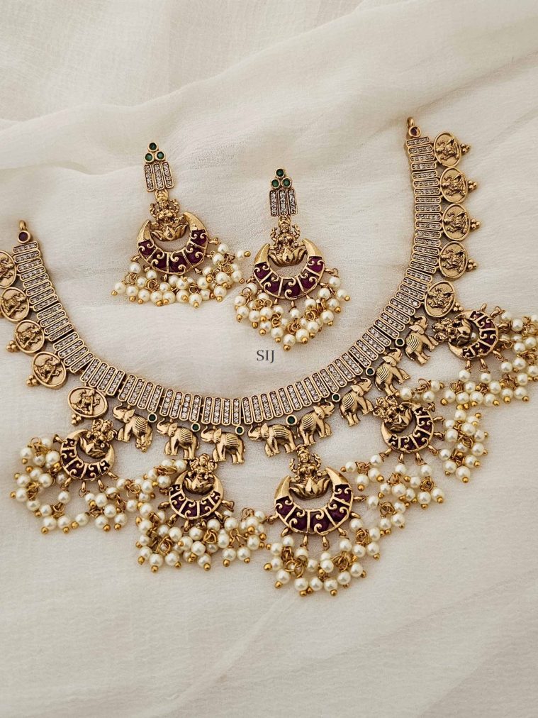 One Gram Gold Elephant Guttapusalu Necklace with Lakshmi Pendants