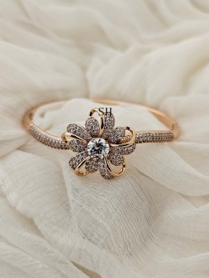 Gold Finish CZ Stones Floral Openable Bracelet