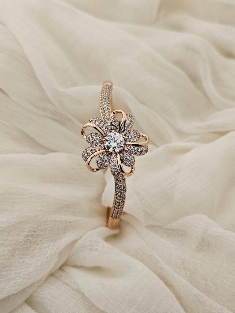 Gold Finish CZ Stones Floral Openable Bracelet