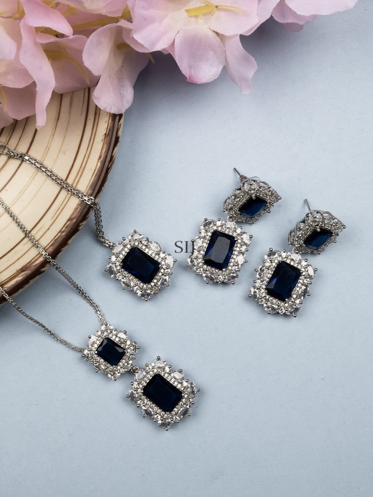 Silver Plated Blue CZ Square Pendant Set with Earrings and Maangtikka