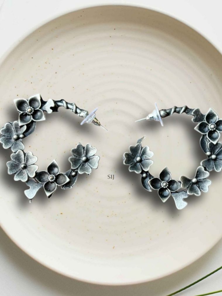 Silver Plated Flower Design Hoop Earrings