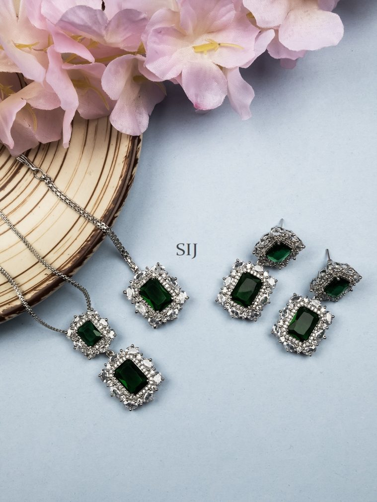 Silver Plated Green CZ Square Pendant Set with Earrings and Maangtikka