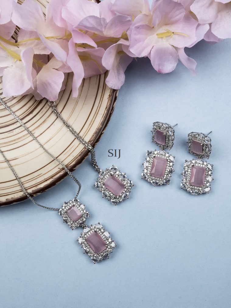 Silver Plated Pink CZ Square Pendant Set with Earrings and Maangtikka
