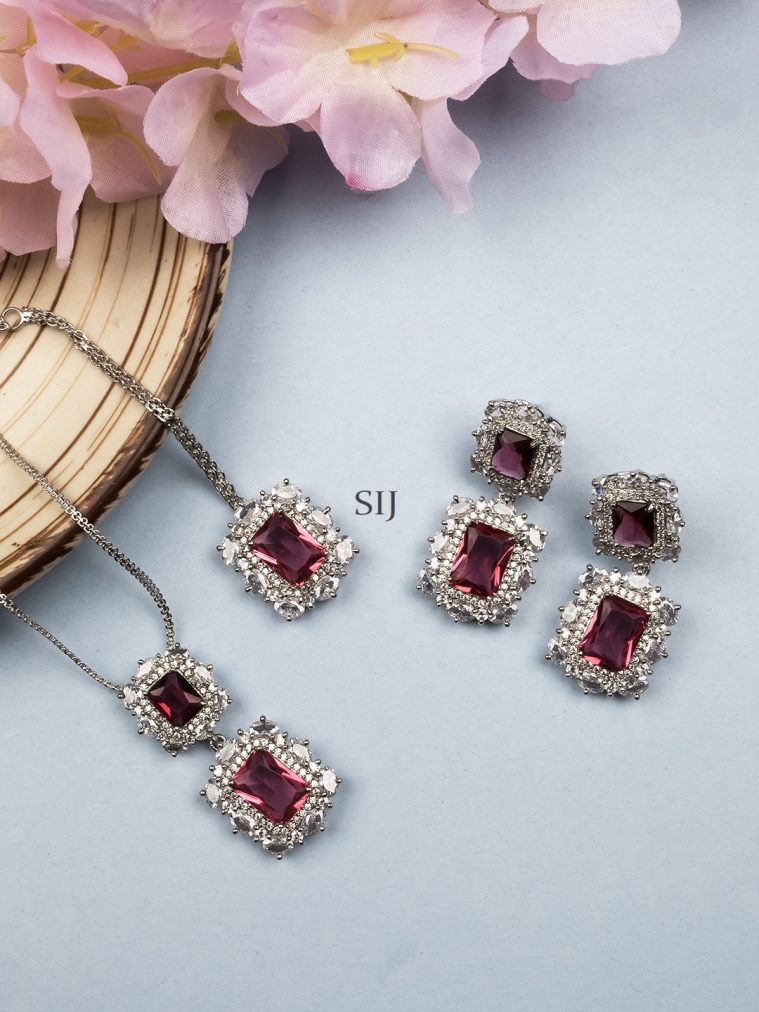 Silver Plated Red CZ Square Pendant Set with Earrings and Maangtikka