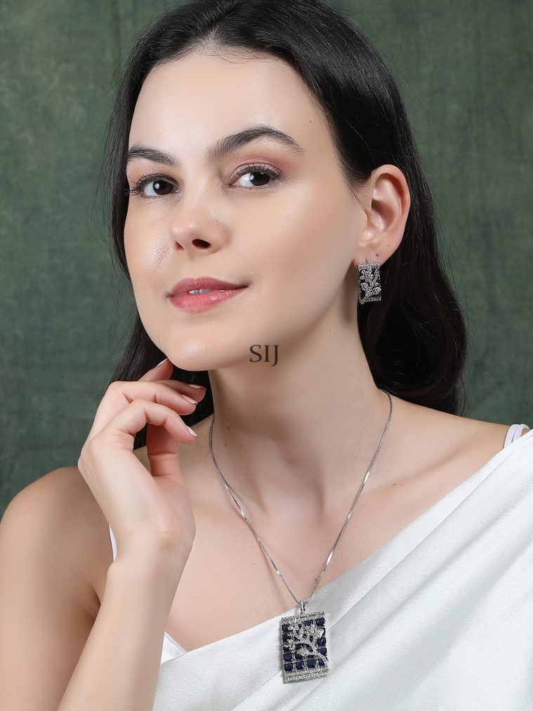 Silver Plated Square Blue AD Pendant Set with Earrings