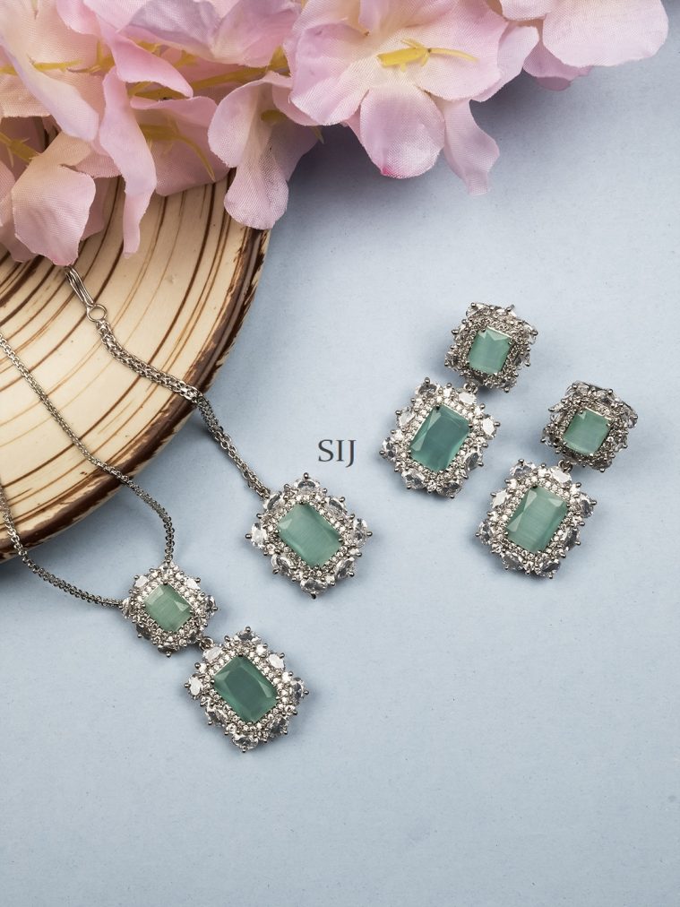 Silver Plated Turquoise CZ Square Pendant Set with Earrings and Maangtikka