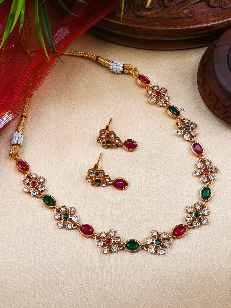 Sleek Flower Design Ruby Green Kemp Stones Choker Set