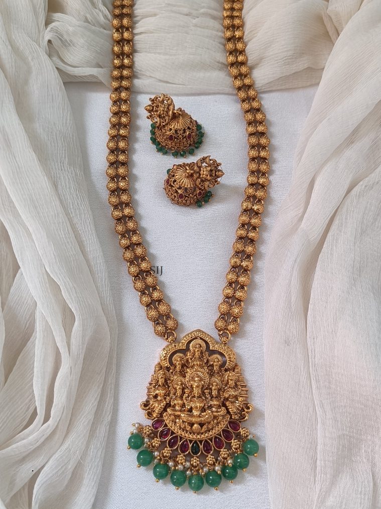 Temple Ashta Lakshmi Pendant with Two Lines Long Haram Set