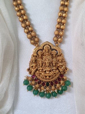 Temple Ashta Lakshmi Pendant with Two Lines Long Haram Set