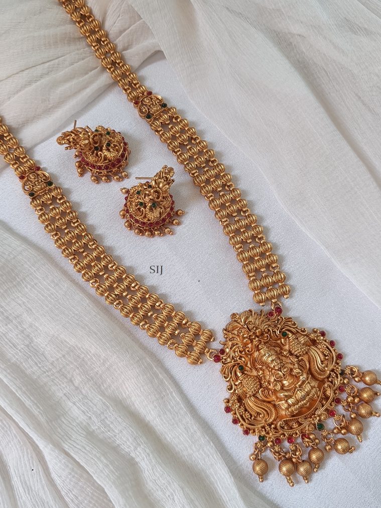 Temple Lakshmi Motif Golden Beads Long Haram Set