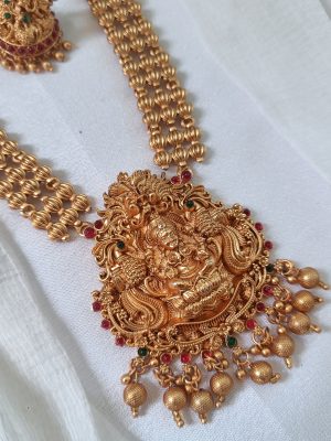 Temple Lakshmi Motif Golden Beads Long Haram Set
