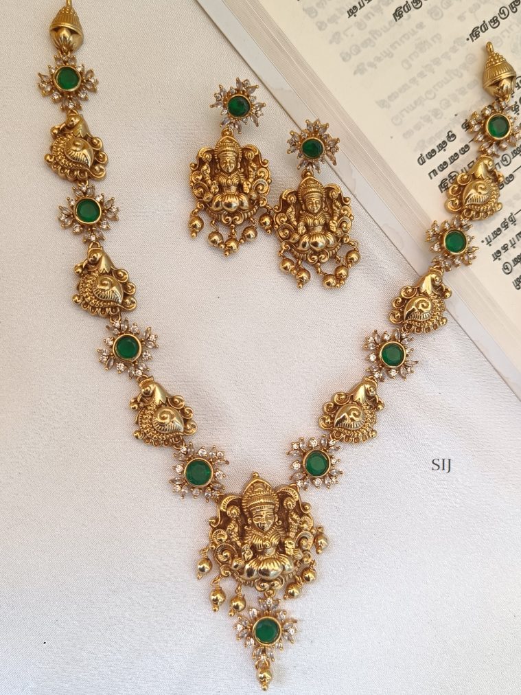 Temple Lakshmi Motif Green Stone Necklace Set