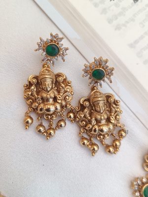 Temple Lakshmi Motif Green Stone Necklace Set