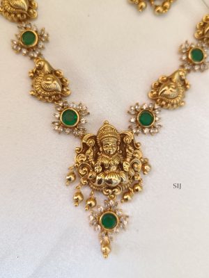 Temple Lakshmi Motif Green Stone Necklace Set