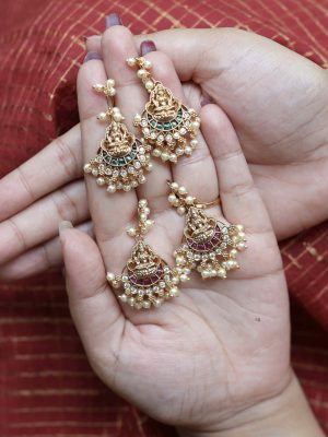 Temple Lakshmi Motif Kemp Stones Pearl Dropped Earrings