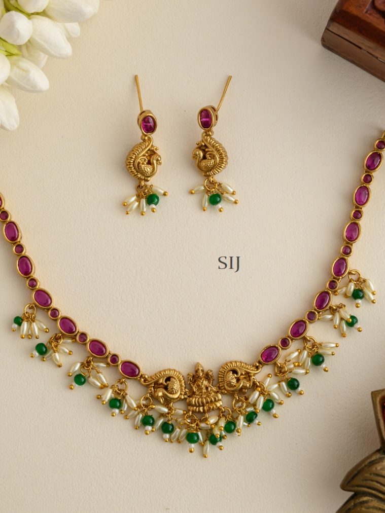 Temple Lakshmi Motif Kemp Stones Rice Pearl Necklace Set