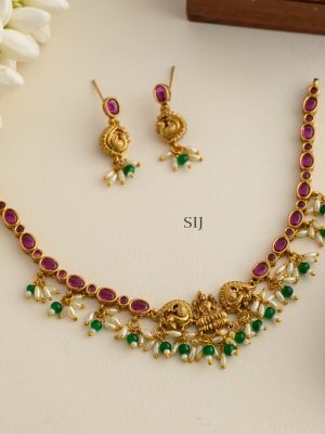 Temple Lakshmi Motif Kemp Stones Rice Pearl Necklace Set