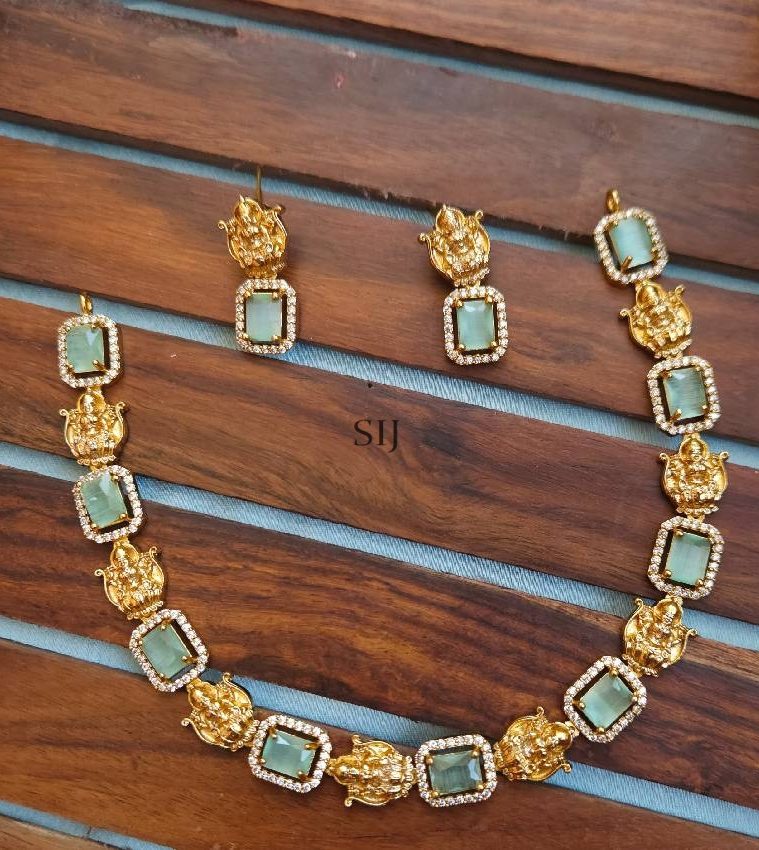 Temple Lakshmi Motif Pastel Green &White Stones Necklace Set