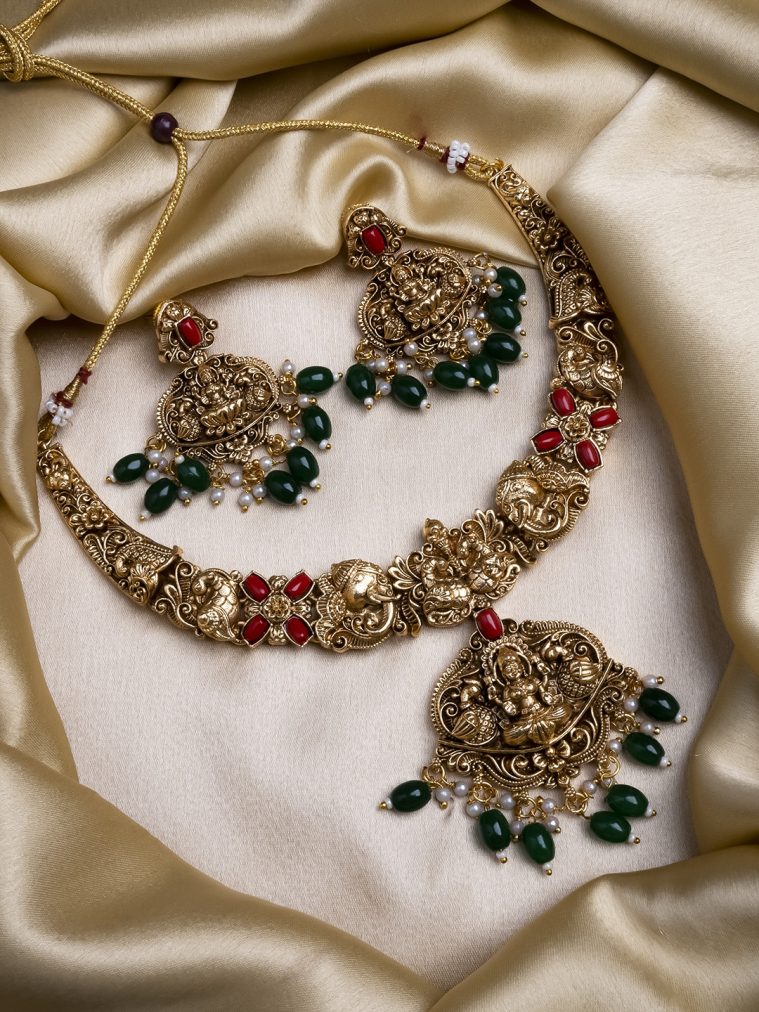 Temple Lakshmi Necklace Set With Green Beads