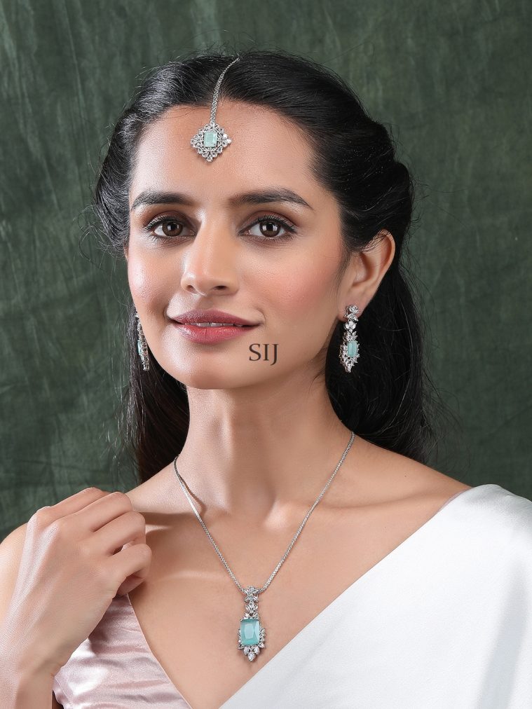 Tint Turquoise CZ Leaf Pendant Set with Earrings and Maangtikka