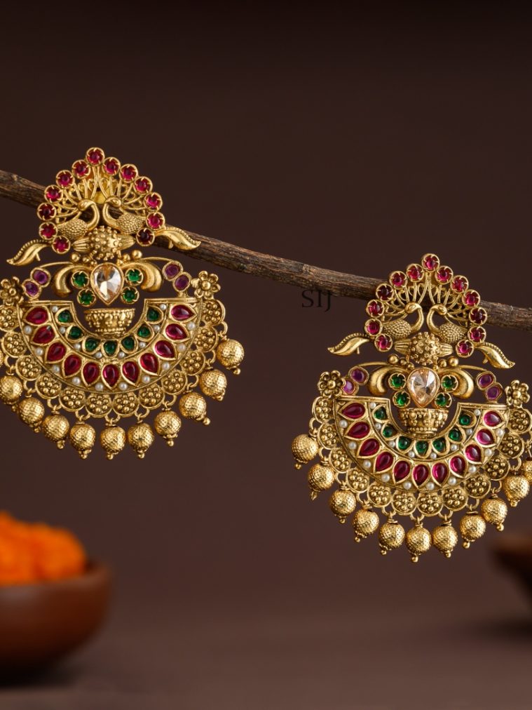 Traditional Dual Peacock Kemp Stones Golden Beads Dropped Earrings