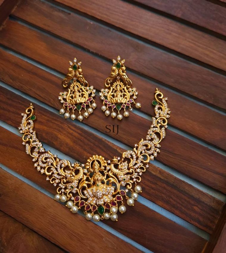 Traditional Lakshmi with Peacock White Stones Necklace Set