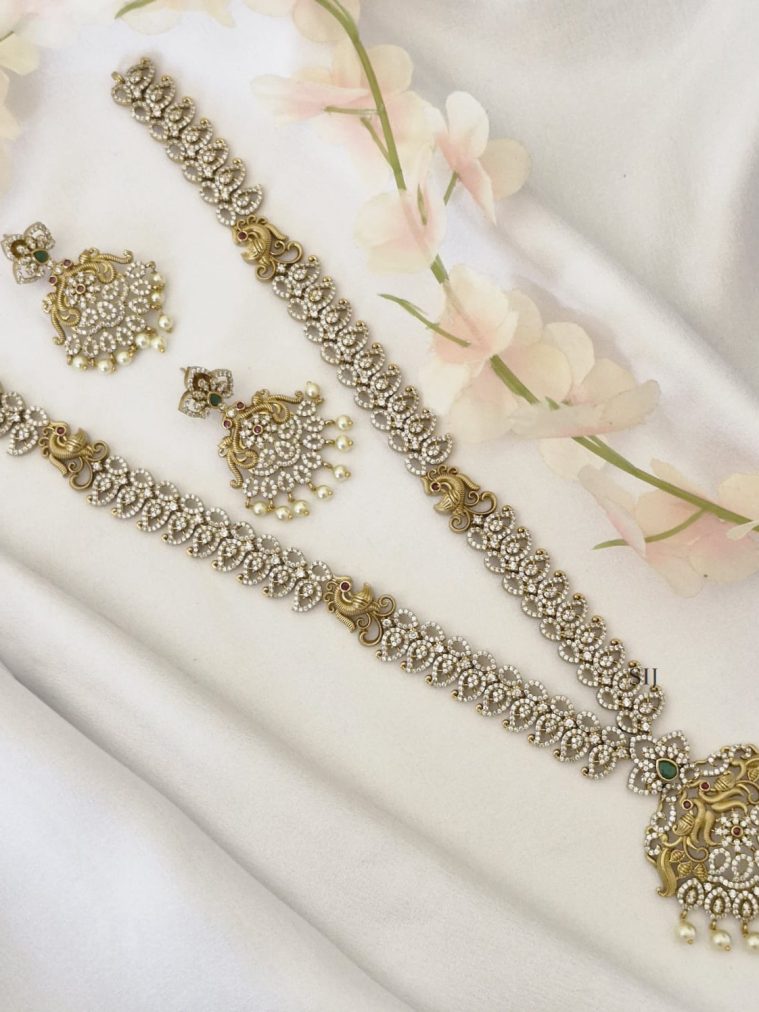 Traditional Peacock Design AD Stones Long Haram Set