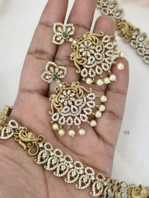 Traditional Peacock Design AD Stones Long Haram Set