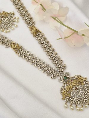 Traditional Peacock Design AD Stones Long Haram Set