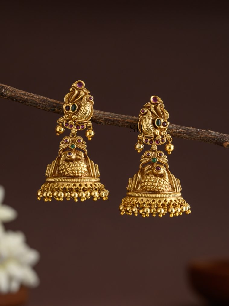 Traditional Peacock Motif Kemp Stone Jhumkas