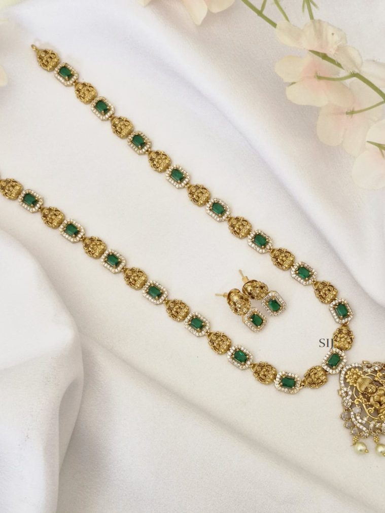 Traditional White &Green Stones Lakshmi Devi Long Haram Set