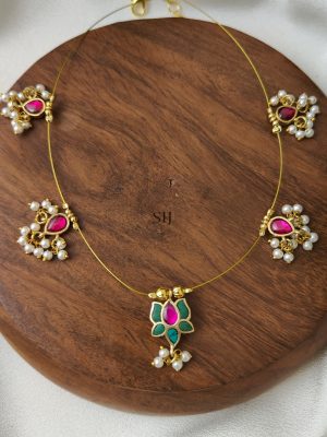 Turquoise With Pink Kundan Jadau Floral Invisible Necklace