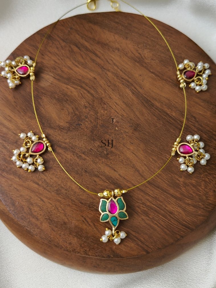 Turquoise With Pink Kundan Jadau Floral Invisible Necklace