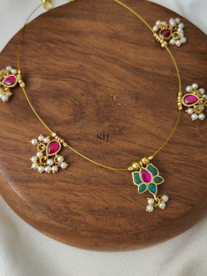 Turquoise With Pink Kundan Jadau Floral Invisible Necklace