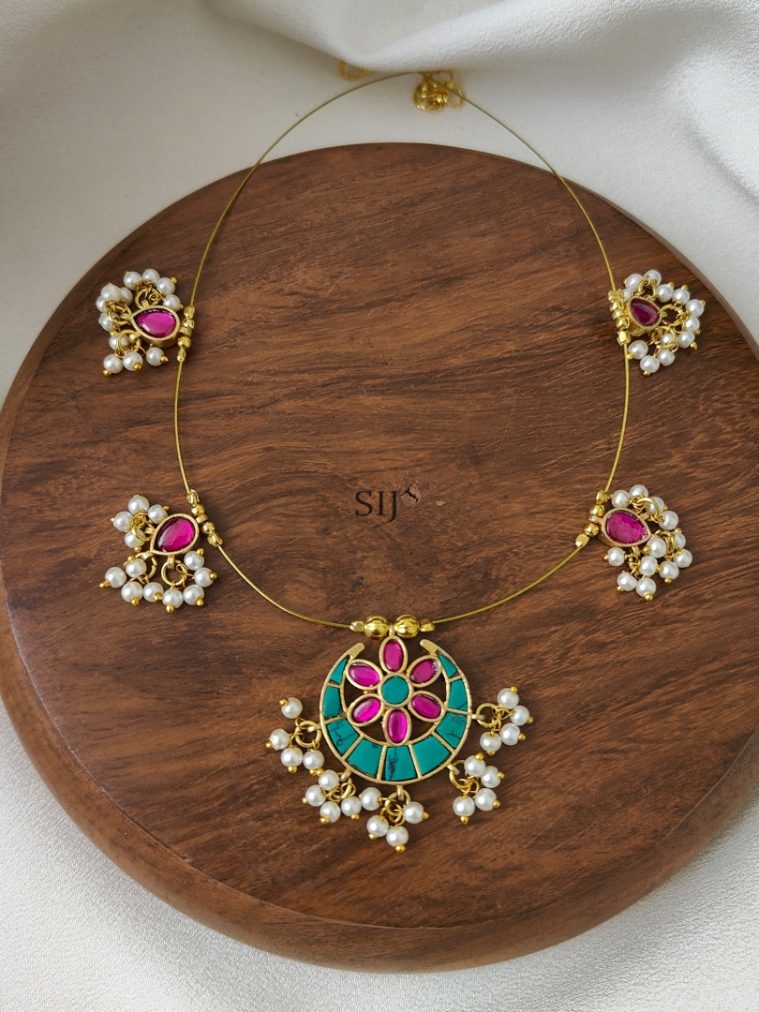 Turquoise With Pink Moon Shaped Kundan Jadau Invisible Necklace