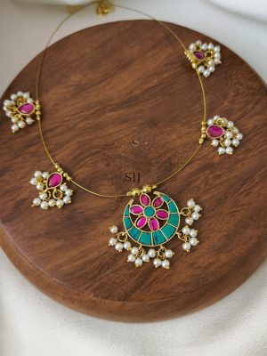 Turquoise With Pink Moon Shaped Kundan Jadau Invisible Necklace