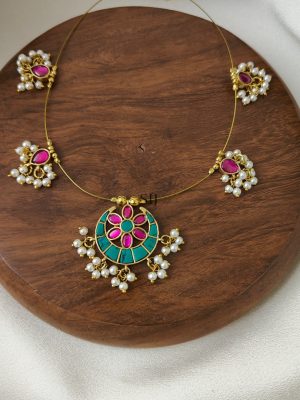Turquoise With Pink Moon Shaped Kundan Jadau Invisible Necklace