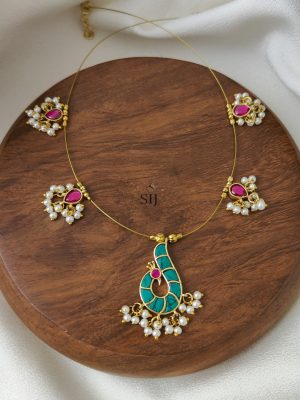 Turquoise with Pink Peacock Kundan Jadau Invisible Necklace