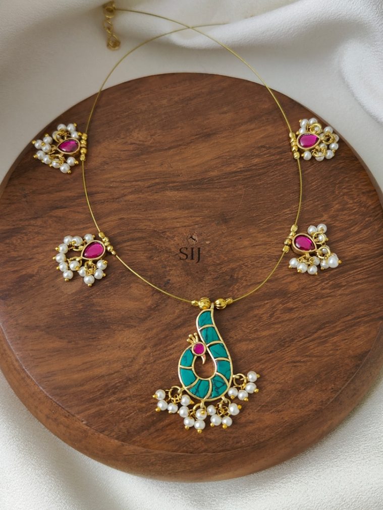 Turquoise with Pink Peacock Kundan Jadau Invisible Necklace