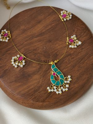 Turquoise with Pink Peacock Kundan Jadau Invisible Necklace