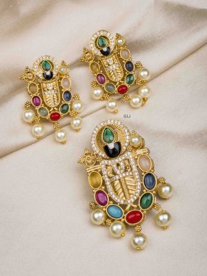 Antique Finish CZ and Multi Color Stones Balaji Pendant Set