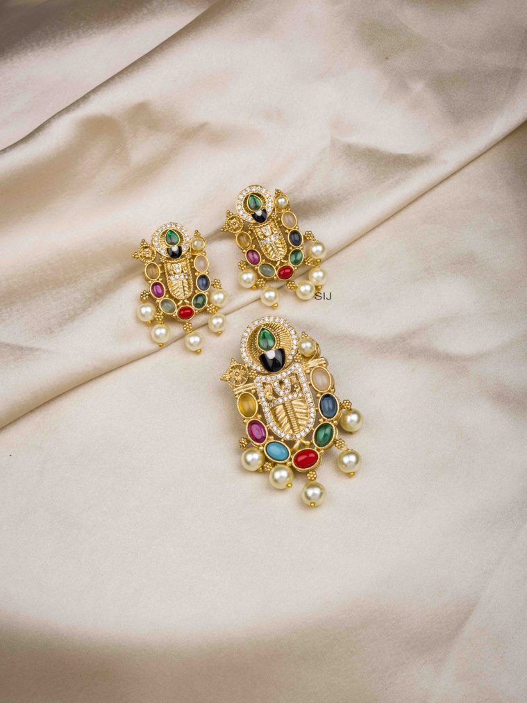 Antique Finish CZ and Multi Color Stones Balaji Pendant Set