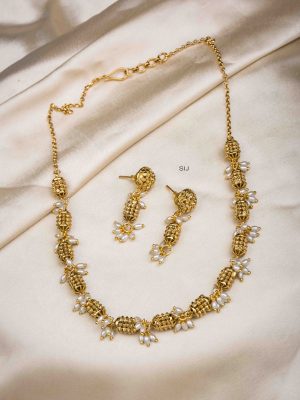 Antique Finish Golden Beads Necklace with Rice Pearl