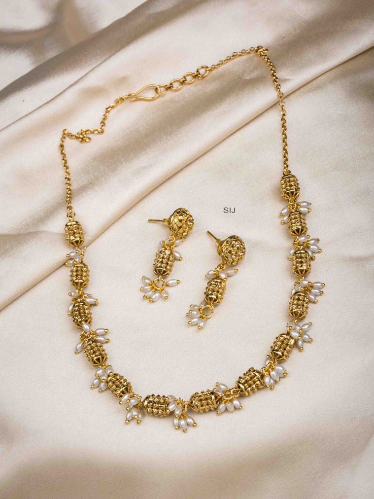 Antique Finish Golden Beads Necklace with Rice Pearl