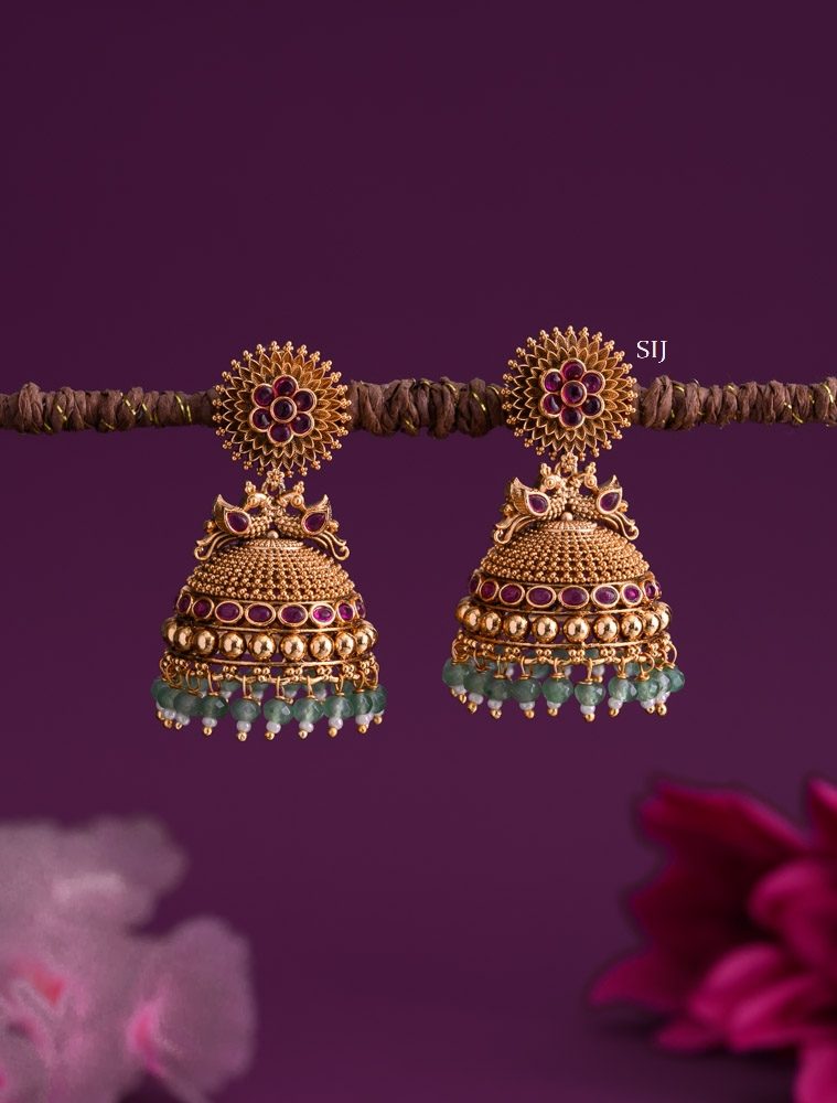 Gold Finish Dual Peacock Jhumkas with Green Beads Hangings
