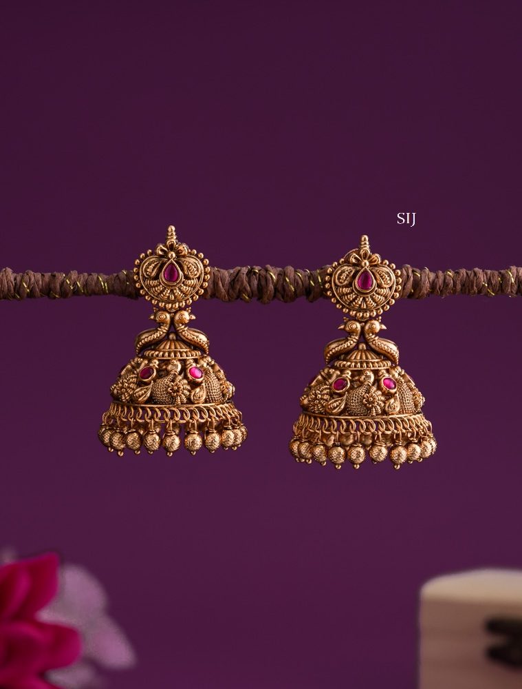 Antique Peacock Jhumkas with Pink Stones